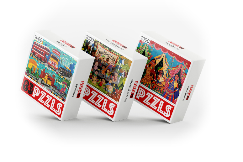 Colorful jungle-themed Snakes and Ladders board illustrated on a 1000-piece jigsaw puzzle