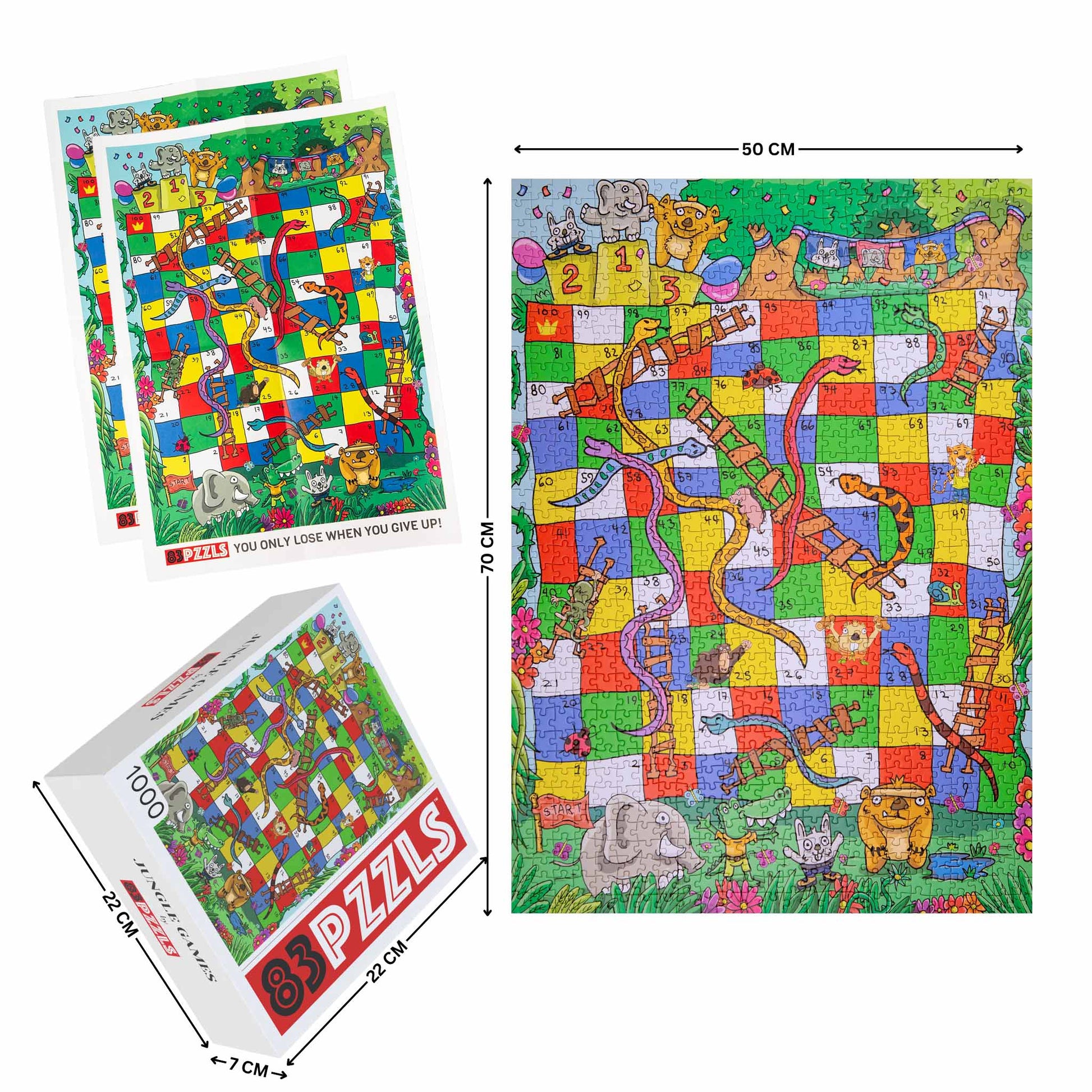 Colorful jungle-themed Snakes and Ladders board illustrated on a 1000-piece jigsaw puzzle
