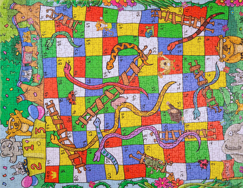 Colorful jungle-themed Snakes and Ladders board illustrated on a 1000-piece jigsaw puzzle