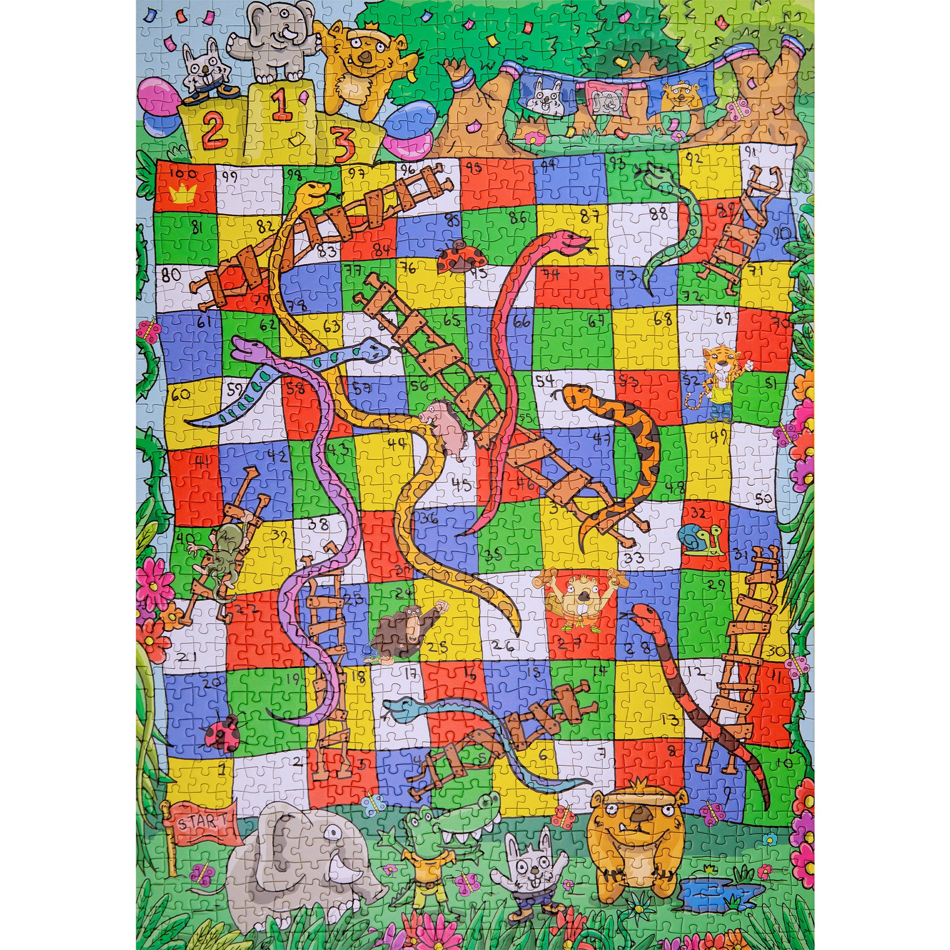 Colorful jungle-themed Snakes and Ladders board illustrated on a 1000-piece jigsaw puzzle