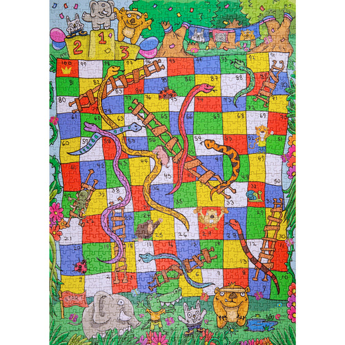 Colorful jungle-themed Snakes and Ladders board illustrated on a 1000-piece jigsaw puzzle